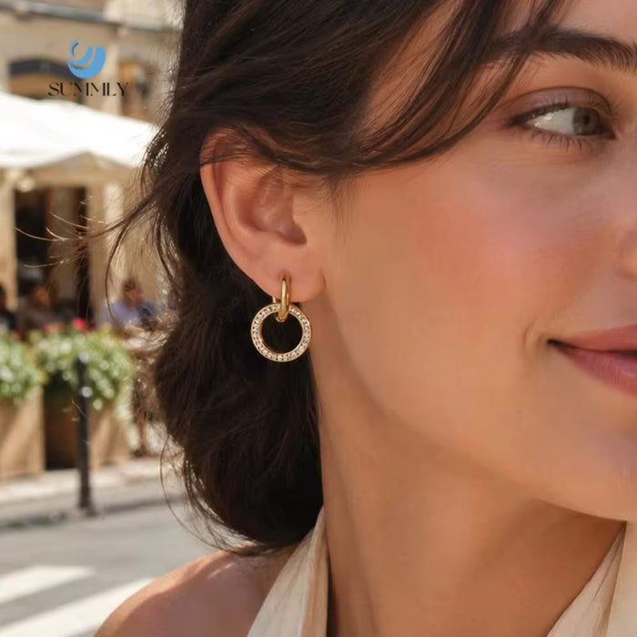 18K Real Gold-Plated Stainless-Steel Zircon Circle Earrings for Women