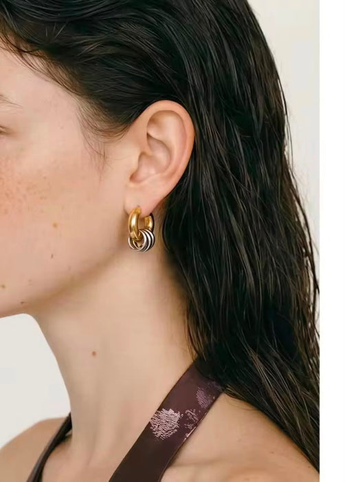 18K Real Gold-Plated Stainless-Steel Trendy Two Tone Circle Earrings for Women