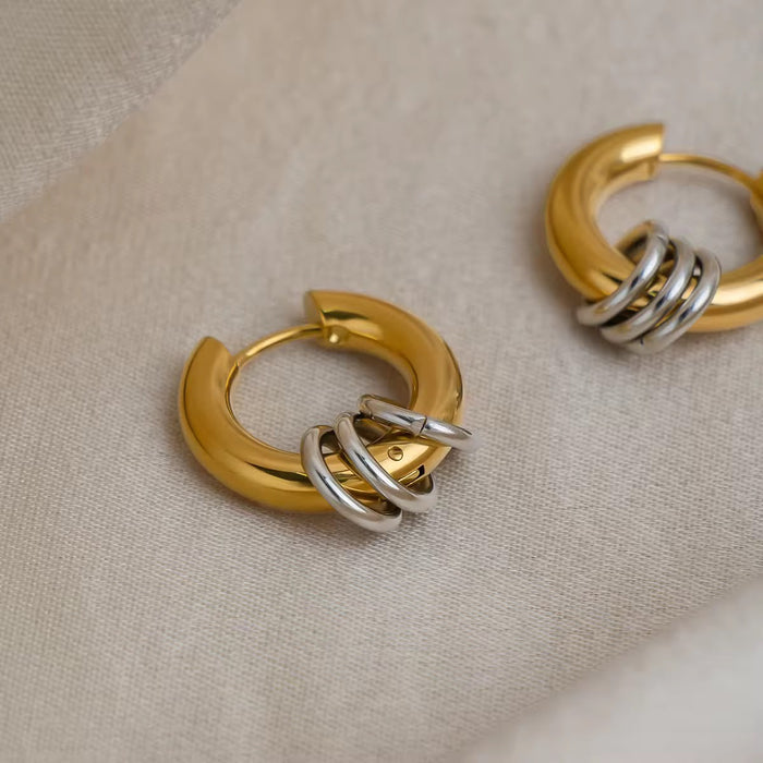 18K Real Gold-Plated Stainless-Steel Trendy Two Tone Circle Earrings for Women