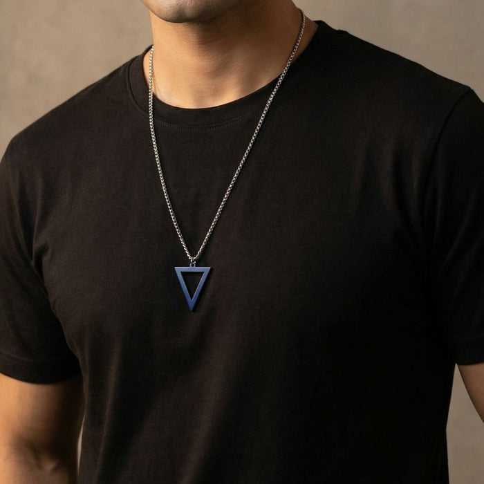 Pack of Men's Blue Triangular Pendant Style Titanium Steel Silver Necklace and Trendy Rope Bracelet
