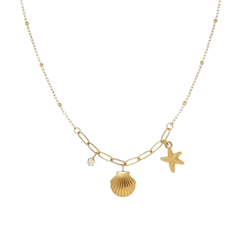 18K PVD Gold Plated Ocean Style Shell Starfish Zircon Stainless Steel Necklace for Women