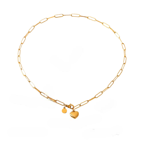 18K Real Gold-Plated Stainless Heart Charm Link Chain Necklace for Women