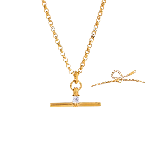 18K Real Gold-Plated Stainless-Steel Luxurious Snake Chain Zircon T-Bar Pendant Necklace for Women