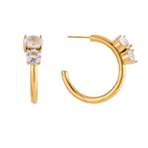 18K Real Gold-Plated Stainless-Steel Classic CZ Hoop Earrings for Women