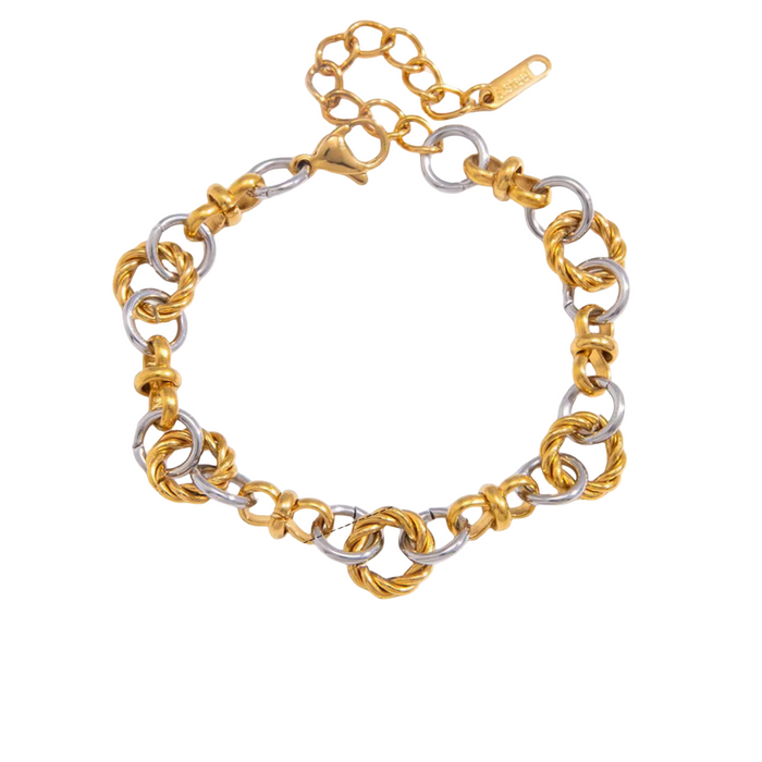 18K Real Gold-Plated Stainless-Steel Classic Gold and Silver Blocked Multi-Ring Winding Chain Bracelet for Women