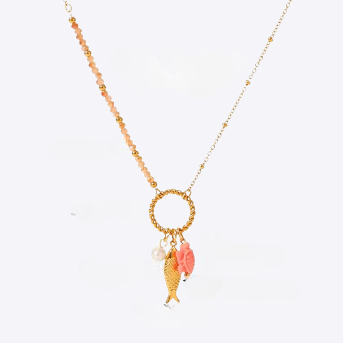 18K Real Gold-Plated Stainless-Steel Classic Beaded Fish Turtle Charm Necklace for Women