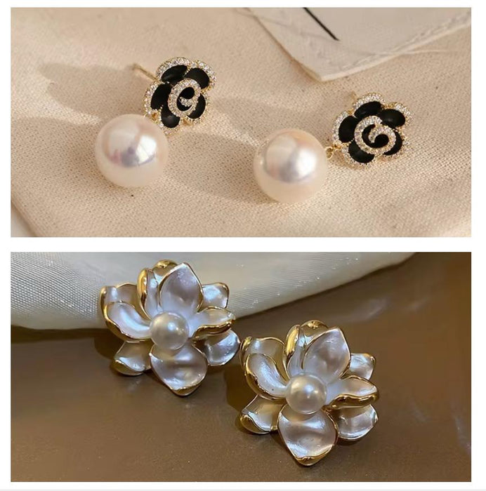 Pack of Black Rose and White Camellia Korean Fashion Earrings