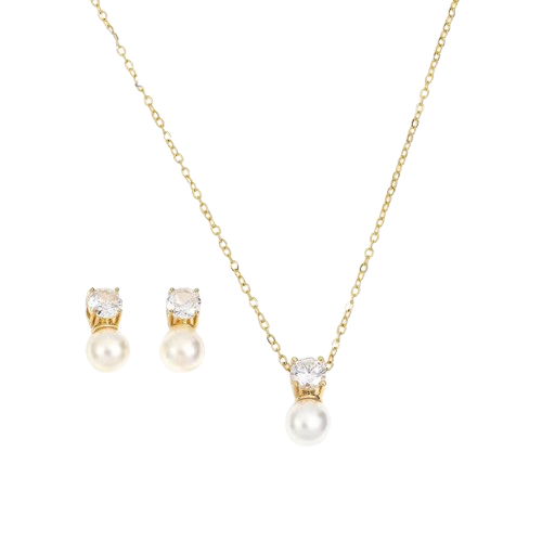 18K Real Gold-Plated Stainless-Steel Classic Elegant Pearl Necklace and Earrings Set for Women