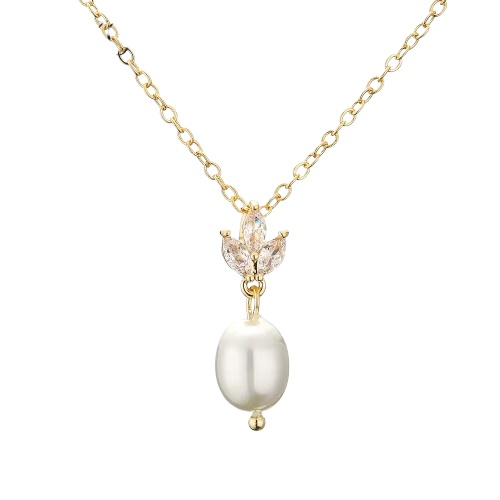 18K Real Gold-Plated Stainless-Steel Classic Cultured Pearl Necklace and Earrings Set for Women