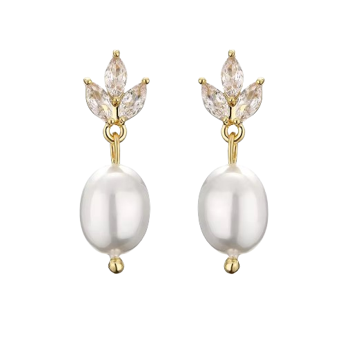18K Real Gold-Plated Stainless-Steel Classic Cultured Pearl Necklace and Earrings Set for Women