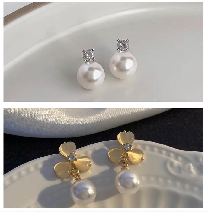 Pack of Sweet Temperament Clover Cat Eye Stone Earrings & Simple and Round Pearl Pendant Stud Earrings