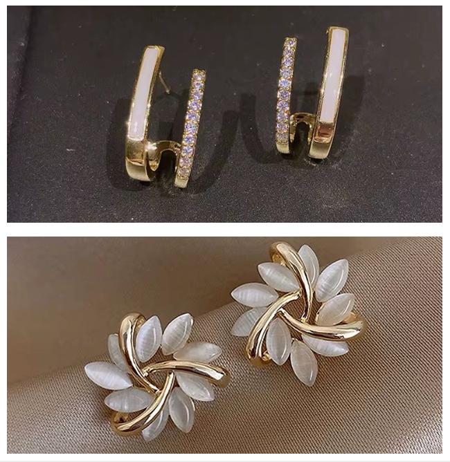 Pack of Exquisite Gold Color Flower Stud Earrings & New Style Zircon Multi-layer Geometric Earrings