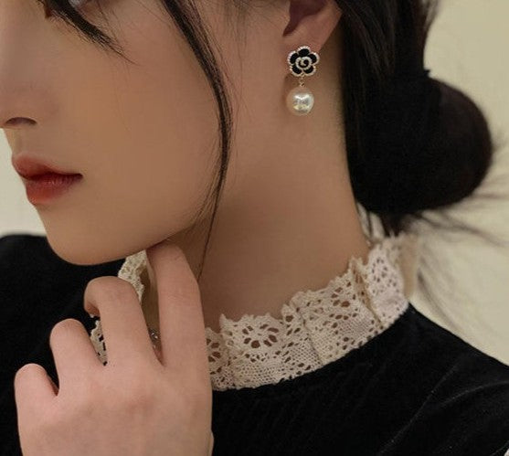 Pack of Black Rose and White Camellia Korean Fashion Earrings