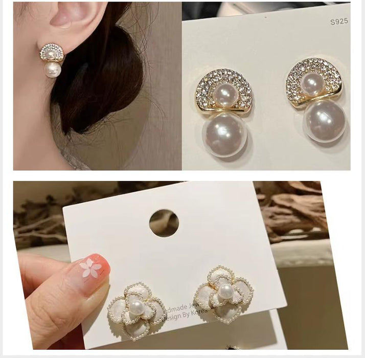 Pack of  Exaggerated Large Pearl Earrings & High-end Vintage Women Camellia Stud Earrings
