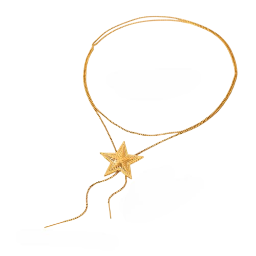18K Real Gold-Plated Stainless Textured Star Y Lariat Adjustable Long Tassel Necklace for Women